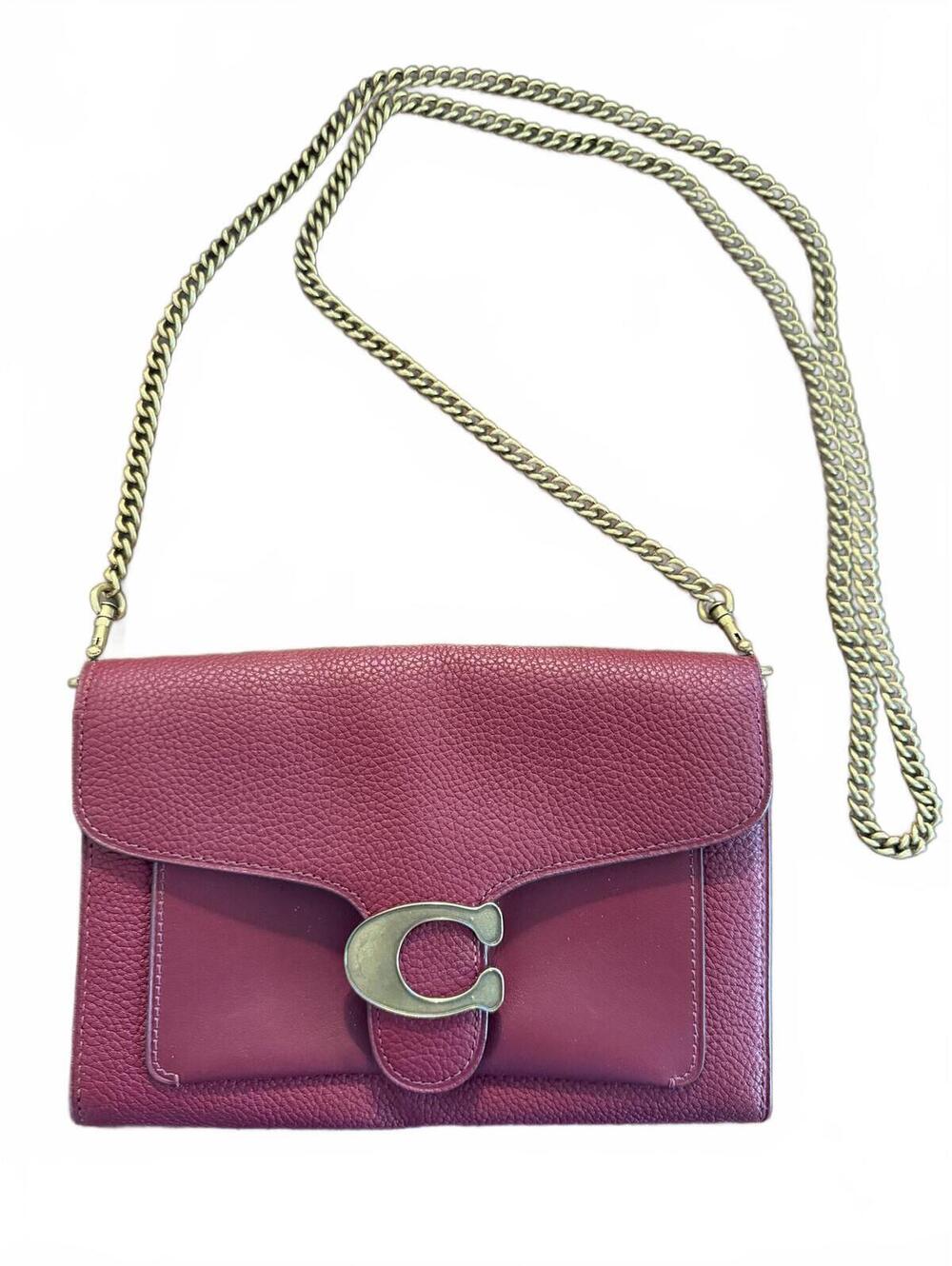 Coach Tabby Chain Clutch in Wine Pebbled Leather Crossbody Bag with Chain Strap